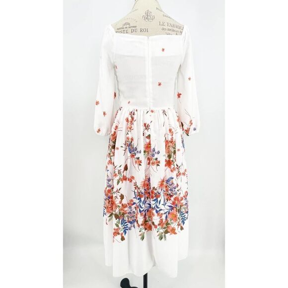 MAISON NWT Tara Floral Smocked White Midi Square Neck Dress SIZE 8 - Picture 11 of 12